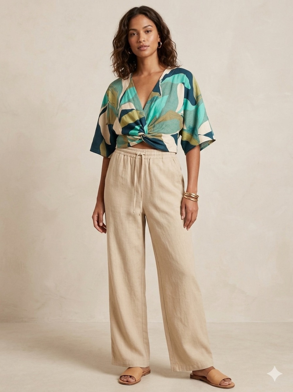 Wide-Leg Drawstring Pants in Beige and Top